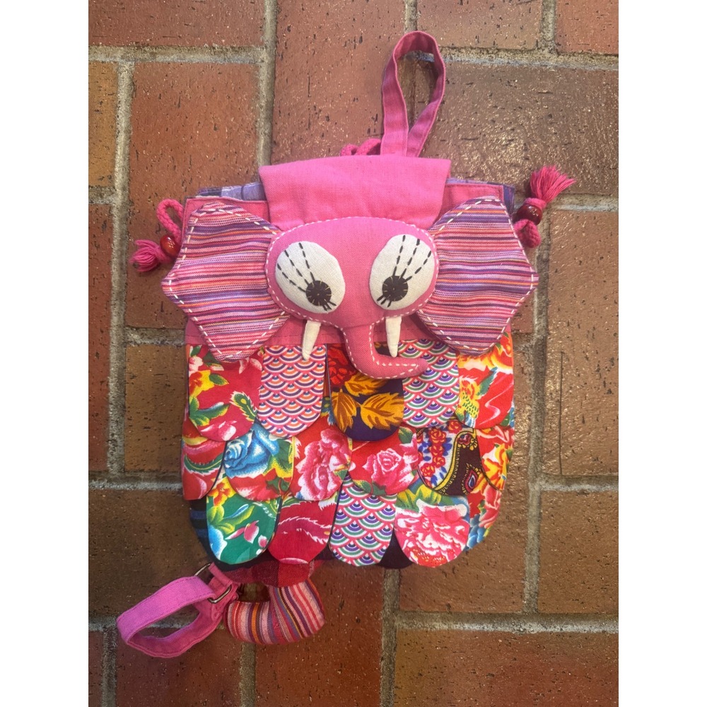 Kids Pink Elephant Patchwork Backpack Boho Floral Striped Drawstring‎ Bag